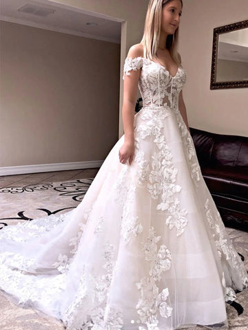 2020 Off The Shoulder Long Wedding Dresses, Elegant A-line Lace Wedding Dresses