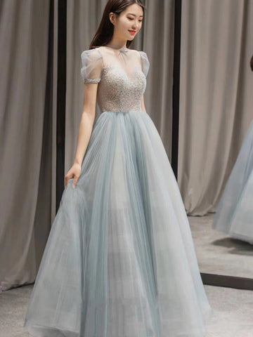 Fashion Long Prom Dresses, Popular 2020 Prom Dresses, Beaded A-line Prom Dresses