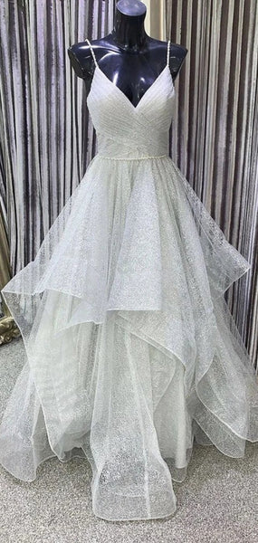Spaghetti Straps Shiny Long Prom Dresses, Elegant A-line Prom Dresses, 2020 Prom Dresses