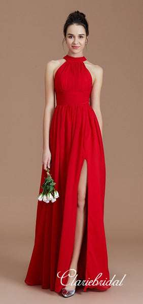 Lovely A-line Red Chiffon Side Slit Long Bridesmaid Dresses