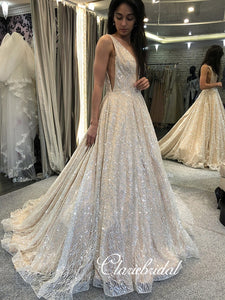 V-neck Sequin Tulle Long Bridal Gown, Sparkle Wedding Dresses, Long Wedding Dresses, Bridal Gown