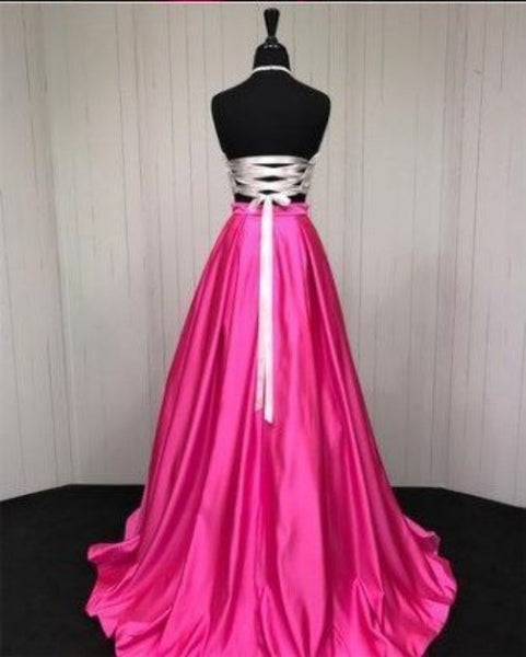 Halter Two Pieces Long Prom Dresses, Simple A-line Prom Dresses, Long Prom Dresses