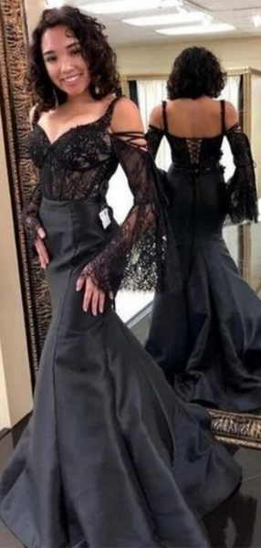 Elegant Black Lace Long Prom Dresses, Mermaid Newest Prom Dresses
