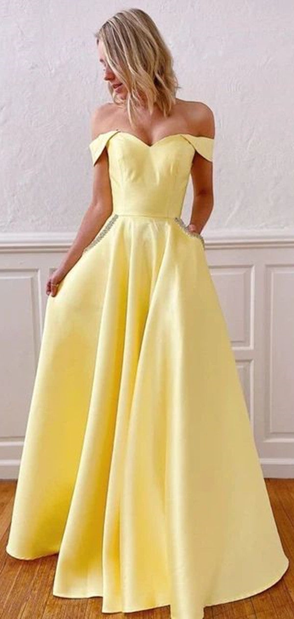 yellow prom dresses off the shoulder Off The Shoulder Yellow Satin Long Prom Dresses, Beaded Prom Dresses W –  ClaireBridal