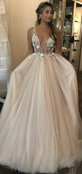 Deep V-neck Beaded Tulle Prom Dresses, Elegant Floral 2020 Newest Long Prom Dresses