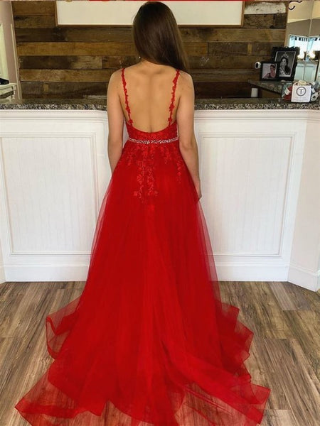 Red Mermaid Lace Formal Evening Dresses, V-neck Elegant Lace Long Prom Dresses