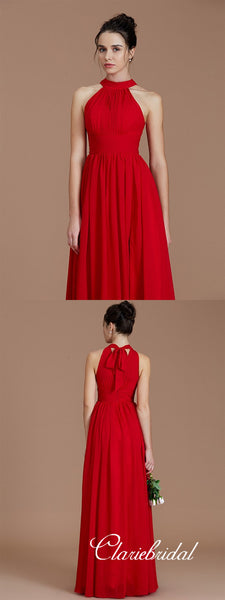 Lovely A-line Red Chiffon Side Slit Long Bridesmaid Dresses