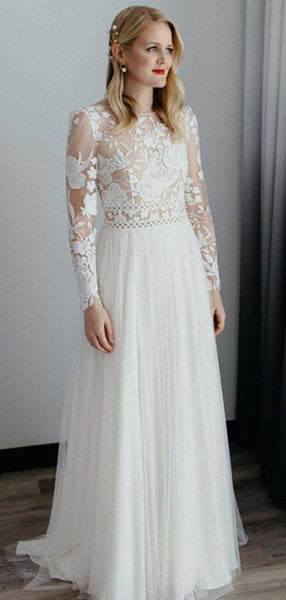 Long Sleeves Popular Lace Wedding Dresses, Fashion Simple Wedding Dresses