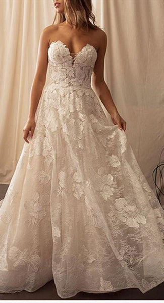 Strapless A-line Wedding Dresses, 2020 Sweetheart Lace Wedding Dresses