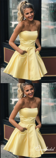 Strapless Yellow Satin Short Homecoming Dresses With Pockets