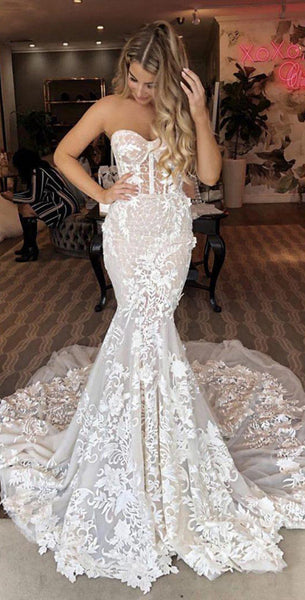 Sweetheart Strapless Lace Wedding Dresses, Elegant Mermaid Lace Bridal Gowns