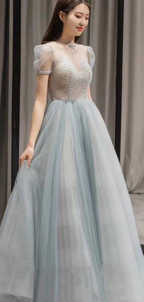 Fashion Long Prom Dresses, Popular 2020 Prom Dresses, Beaded A-line Prom Dresses