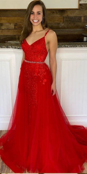 Red Mermaid Lace Formal Evening Dresses, V-neck Elegant Lace Long Prom Dresses