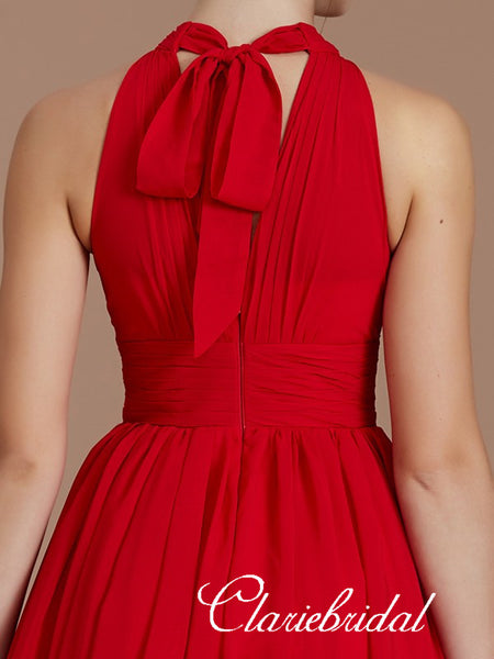 Lovely A-line Red Chiffon Side Slit Long Bridesmaid Dresses