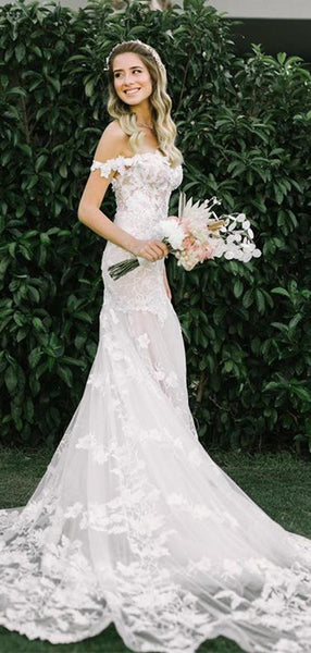 Elegant Off The Shoulder Lace Wedding Dresses, Popular Lace Mermaid Wedding Dresses