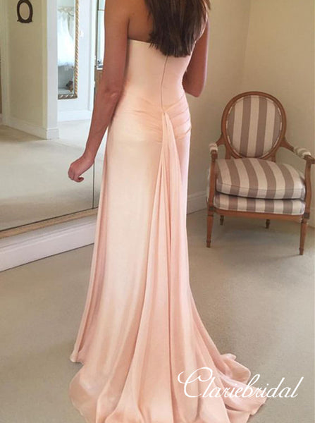 One Shoulder Peach Elastic Satin Elegant Long Bridesmaid Dresses