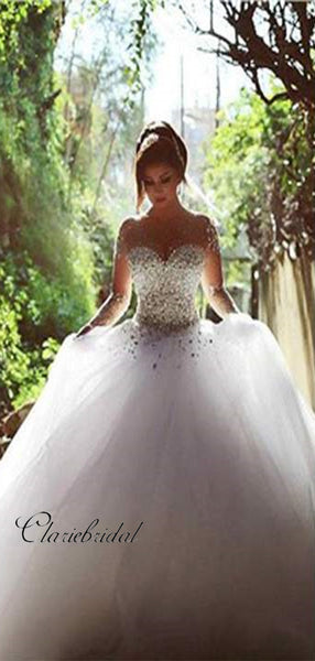 Gorgeous Long Sleeves Beaded Wedding Dresses, Fancy Wedding Dresses