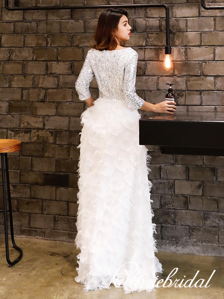 V neck Silver Sequin Top Long A line White Feather Skirt Prom Dresses New Arrival Prom Dresses Long Prom Dresses