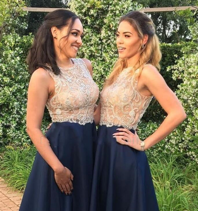 Round Neck Long A-line Navy Satin Bridesmaid Dresses, Lace Beaded  Bridesmaid Dresses, Prom Dresses