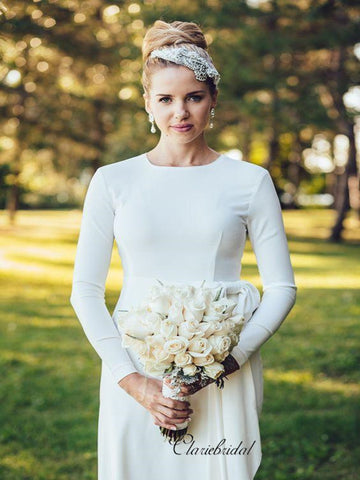 2019 Spring Simple Wedding Dress with Long Sleeves, Custom Design Bridal Gowns