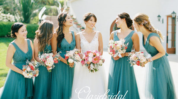 V-neck A-line Green Tulle Long Bridesmaid Dresses, Wedding Dresses