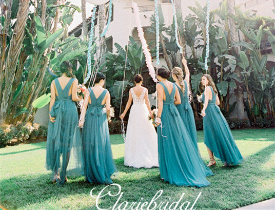 V-neck A-line Green Tulle Long Bridesmaid Dresses, Wedding Dresses