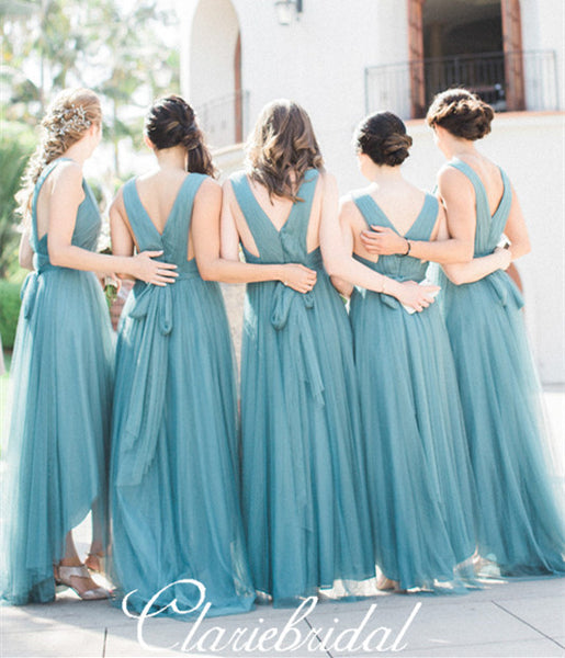 V-neck A-line Green Tulle Long Bridesmaid Dresses, Wedding Dresses