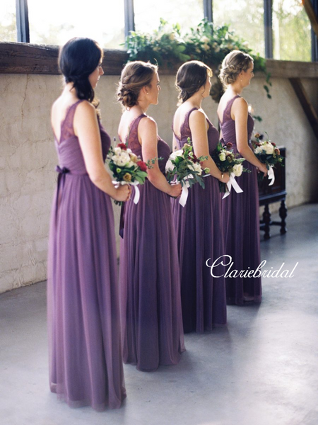 V-neck Purple Tulle A-line Long Bridesmaid Dresses