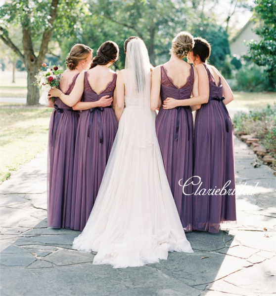 V-neck Purple Tulle A-line Long Bridesmaid Dresses