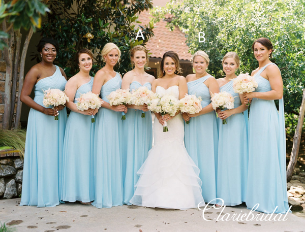 Mismatched Blue Chiffon A-line Long Bridesmaid Dresses