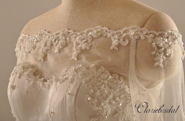 Off The Shoulder Mermaid Wedding Dresses, Pearls Elegant Lace Tulle Wedding Dresses