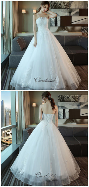 Sweetheart Strapless A-line Wedding Dresses, Beaded Lace Fancy Wedding Dresses