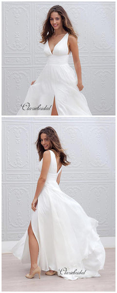 Simple Chiffon Design Wedding Dresses, V-neck Wedding Dresses With Slit, Bridal Gowns
