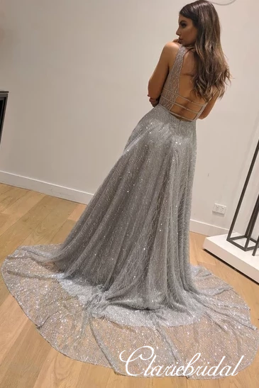 Deep V-neck Silver Sequin Tulle Long A-line Prom Dresses, Shiny Prom Dresses
