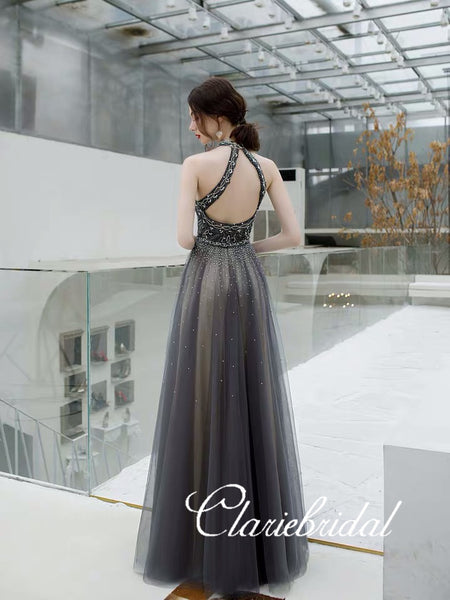 New Claire Design Dark Grey Rhinestone Beaded Long Prom Dresses, Chic Prom Dresses
