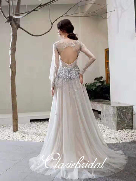 Long Sleeves Gliter Tulle Sequin Long Prom Dresses, V-neck Prom Dresses, Prom Dresses