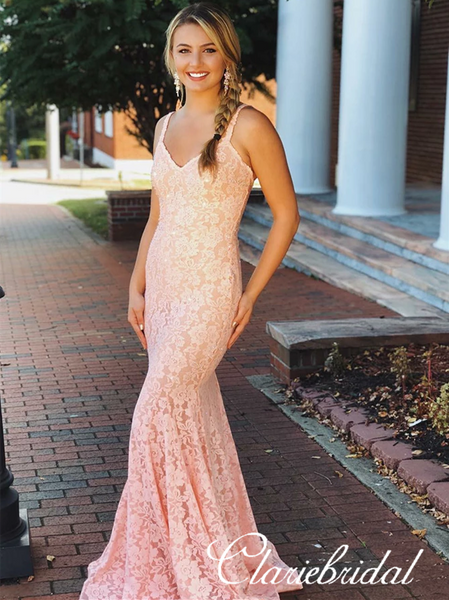 Straps Long Mermaid Pink Lace Beaded Prom Dresses, Lovely Prom Dresses, Prom Dresses