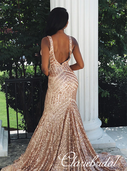 V-neck Sexy Mermaid Sequin Prom Dresses, Long Prom Dresses, Popular Prom Dresses