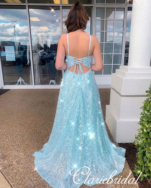 Lovley Blue Sequin Tulle Prom Dresses, Side Slit Prom Dresses, Newest Prom Dresses