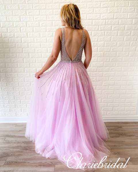 V-neck Long Prom Dresses, Purple Tulle Beaded Prom Dresses, Popular Prom Dresses