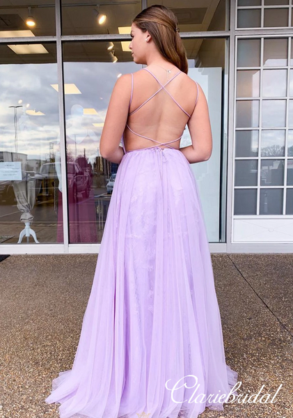 Gorgeous Lilac Lace Tulle Prom Dresses, Beaded Long Prom Dresses, Side Slit Long Prom Dresses