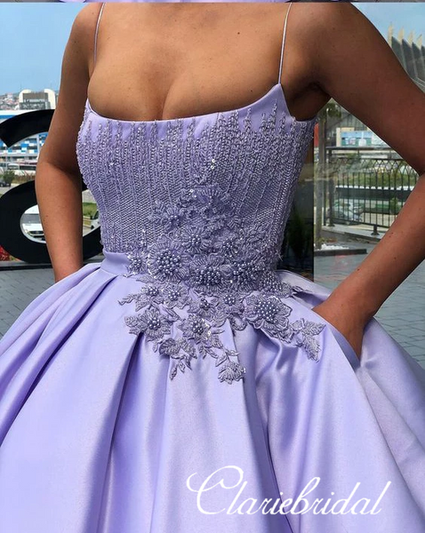 Spaghetti Long Lilac Satin Lace Ball Gown Dresses, Long Prom Dresses, Popular Prom Dresses