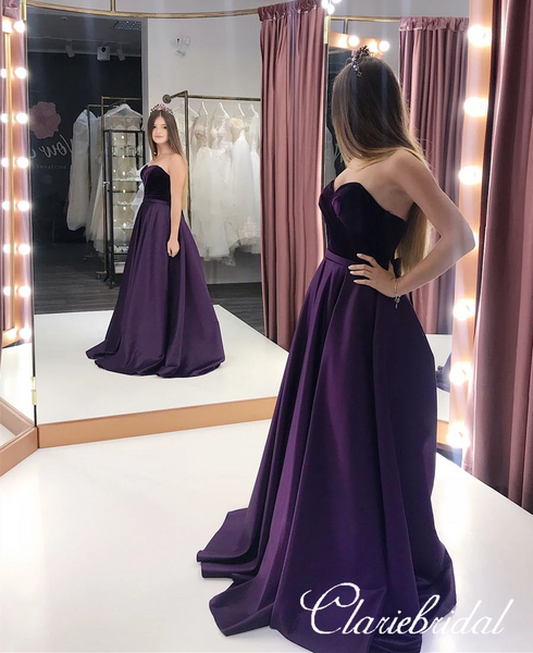 Sweetheart Long A-line Purple Satin Prom Dresses, Velvet Top Prom Dresses, Long Prom Dresses