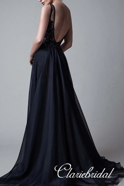 See Through Lace Tulle Top Long A-line Prom Dresses, Black Prom Dresses, Long Prom Dresses