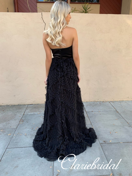 Strapless Black Satin Tulle Prom Dresses, Sheath Prom Dresses, Long Prom Dresses