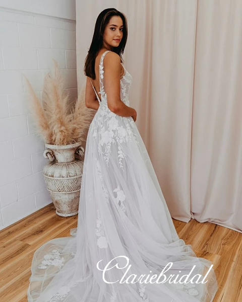 V-neck Long A-line Lace Tulle Wedding Dresses, Long Bridal Gown, Ivory Lace Wedding Dresses