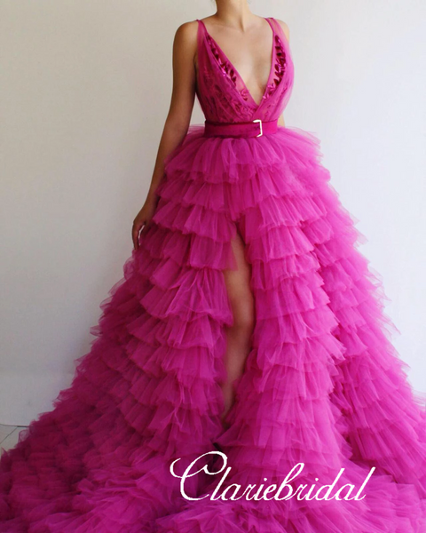 Deep V-neck Long A-line Fluffy Tulle Prom Dresses, Hot Pink Prom Dresses, Hi-low Prom Dresses
