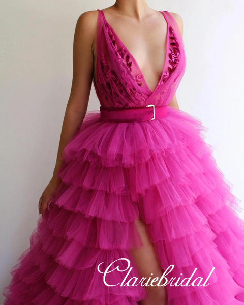 Deep V-neck Long A-line Fluffy Tulle Prom Dresses, Hot Pink Prom Dresses, Hi-low Prom Dresses