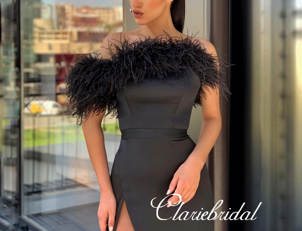 Off Shoulder Long Sheath Black Feather Satin Prom Dresses, Side Slit L ClaireBridal Off Shoulder Long Sheath Black Feather Satin Prom Dresses, Side Slit L ClaireBridal
