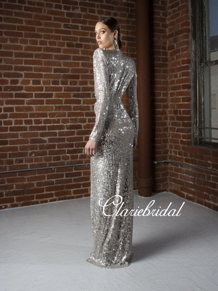 Long Sleeves Silver Sequin Prom Dresses, Sexy Side Slit Prom Dresses, Long Prom Dresses